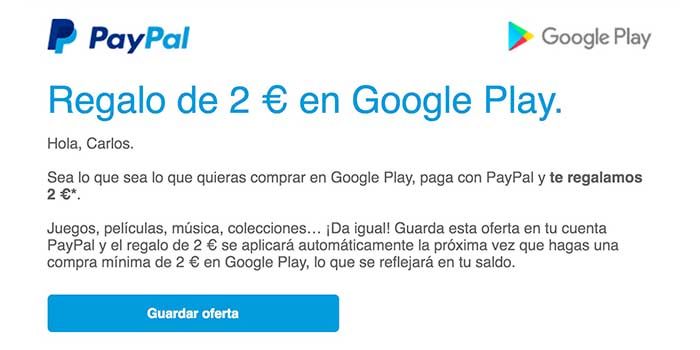 Mail 2 euros gratis Google Play