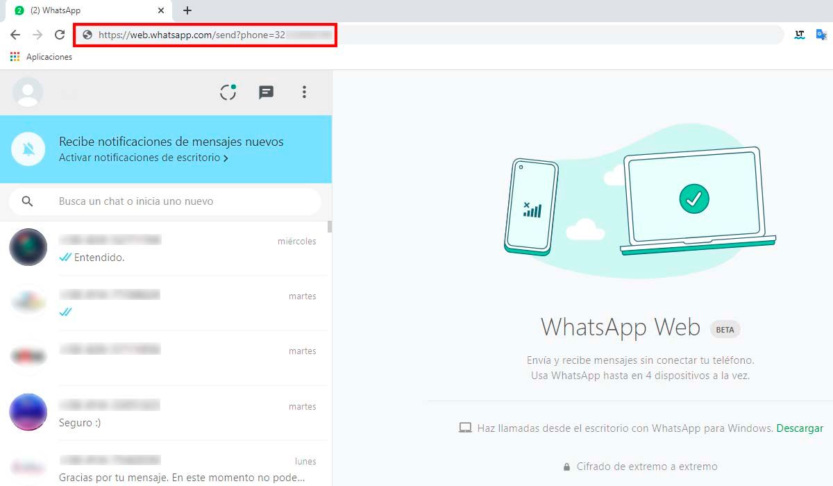 Mandar mensajes WhatsApp Web sin contacto poner número en la URL