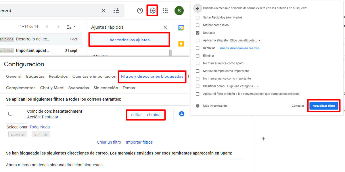 Modifica los cambios que quieras en tus filtros automáticos ya creados en Gmail