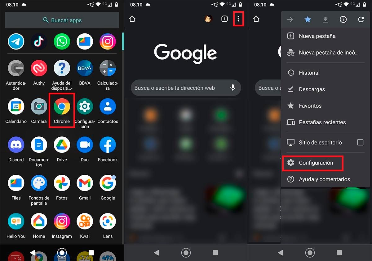 Opciones Chrome Android