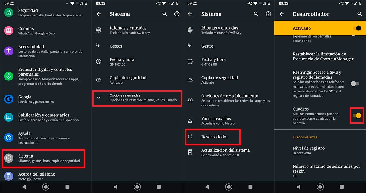 Opciones de desarrollador Android Telegram burbujas