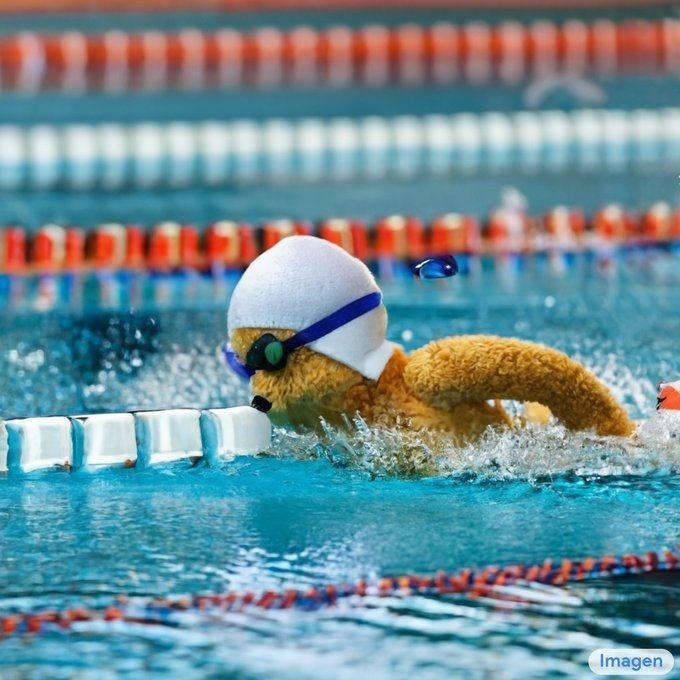 Osos de peluche nadando en la prueba de 400 metros mariposa de los Juegos Olimpicos