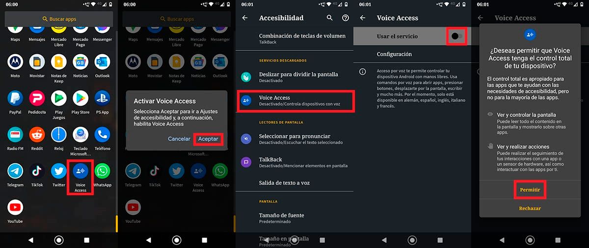 Otorgar permisos Voice Access Android
