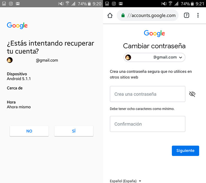 Recuperar cuenta de Gmail Android Paso 4