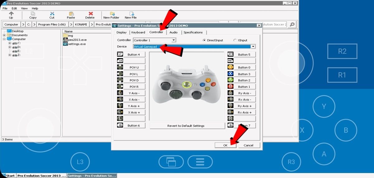 Selecciona el Virtual Gamepad como el mando que usaras en el juego