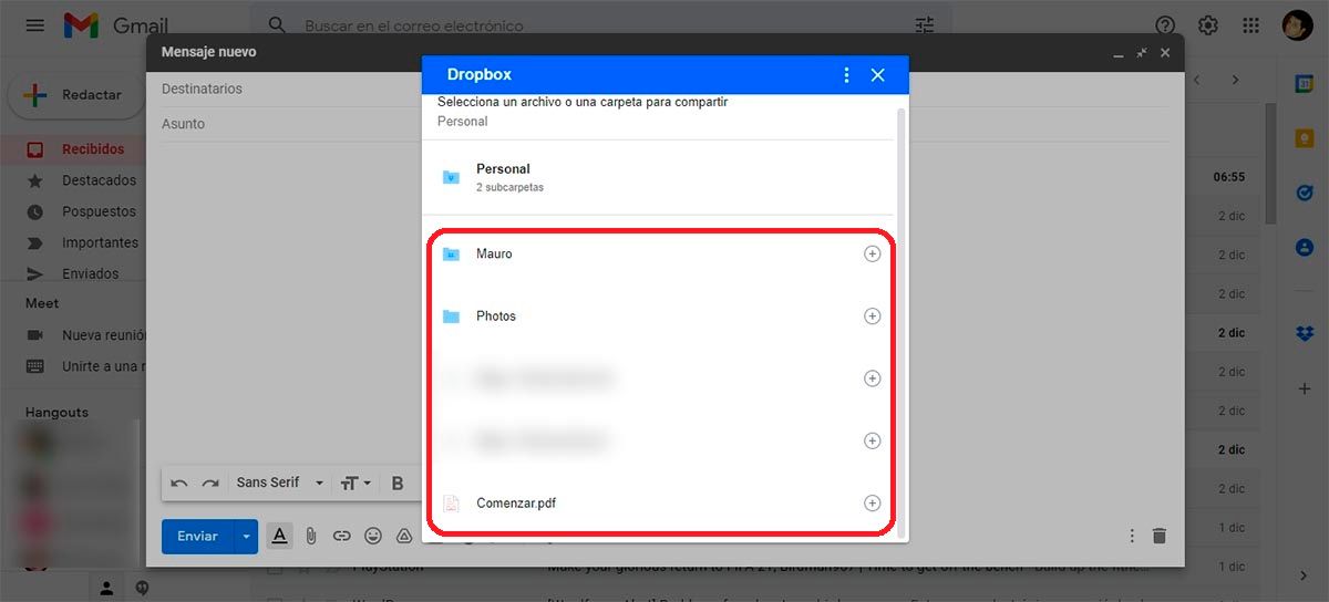 Seleccionar archivo Dropbox en Gmail