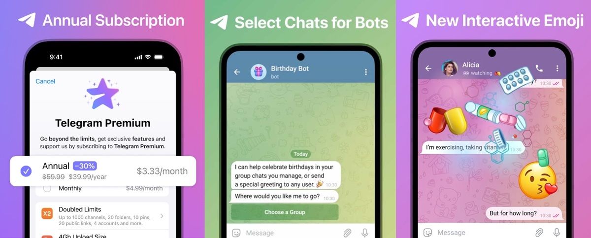 Suscripcion anual a Premium Seleccionar chats para bots Nuevos emojis interactivos