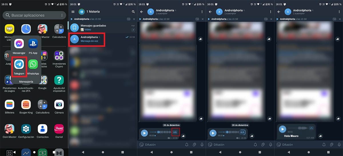 Transcribir audio a texto en app Telegram