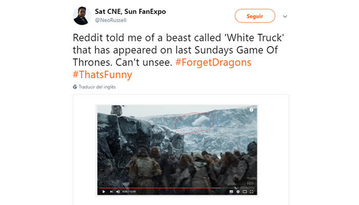 Tweet sobre la imagen de la camioneta de game of thrones