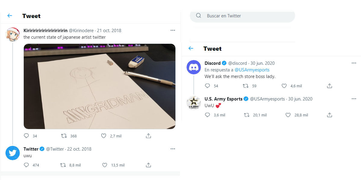 Tweets oficiales usando uwu como forma de expresión por texto como un emoji o un emoticón