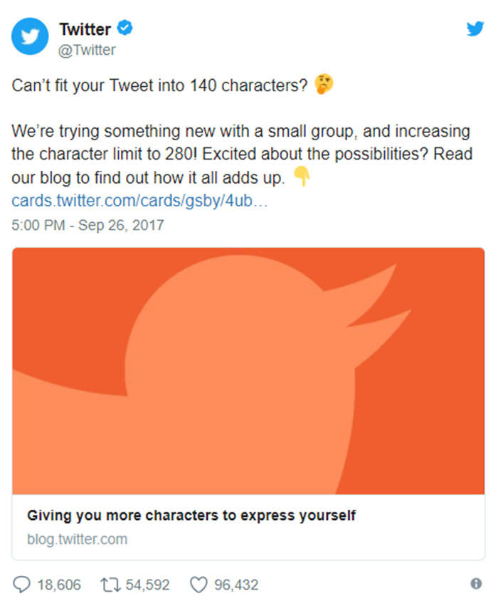 Twitter anunciando que se extenderán los 140 caracteres