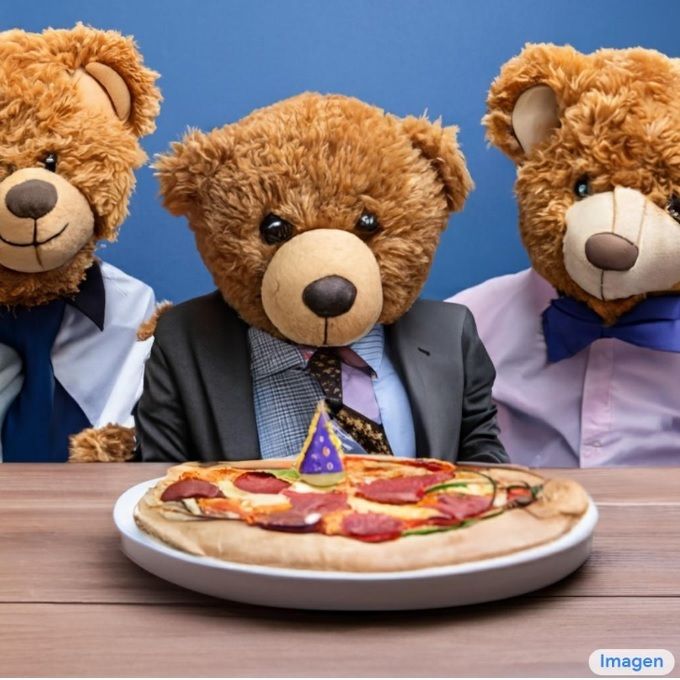 Un grupo de osos de peluche con traje de oficina celebrando un cumpleaños con una pizza