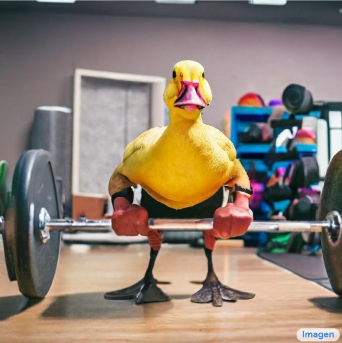 Un pato enfadado haciendo pesas en el gimnasio