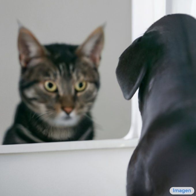 Un perro que se mira con curiosidad en el espejo y ve un gato