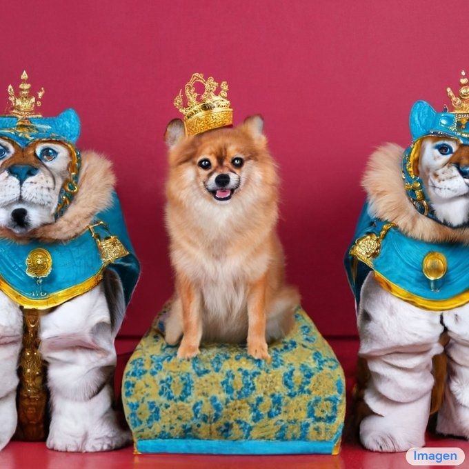Un perro sentado en el trono del rey con una corona y dos soldados tigres
