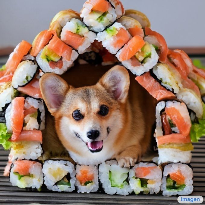 Un simpatico perro corgi vive en una casa hecha de sushi