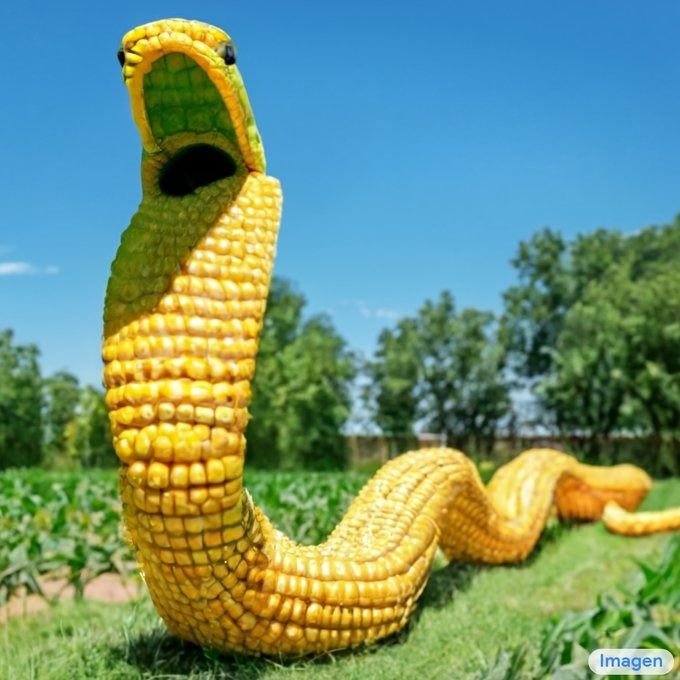 Una cobra gigante hecha de maiz en una granja