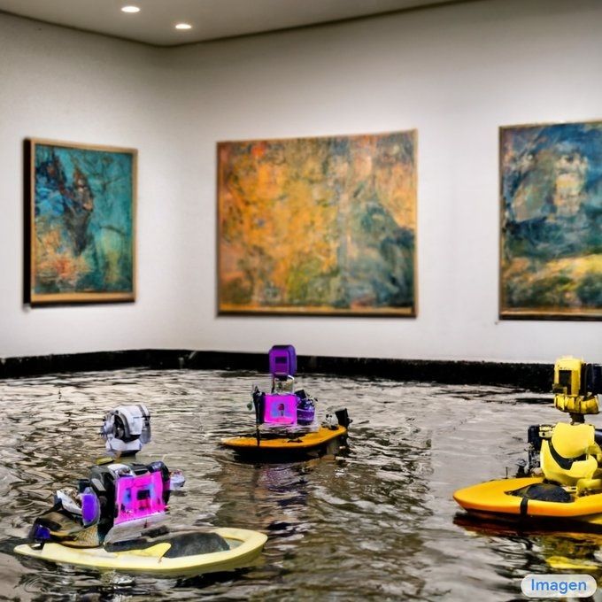 Una galeria de arte con cuadros de Monet inundada con robots en tablas de padel