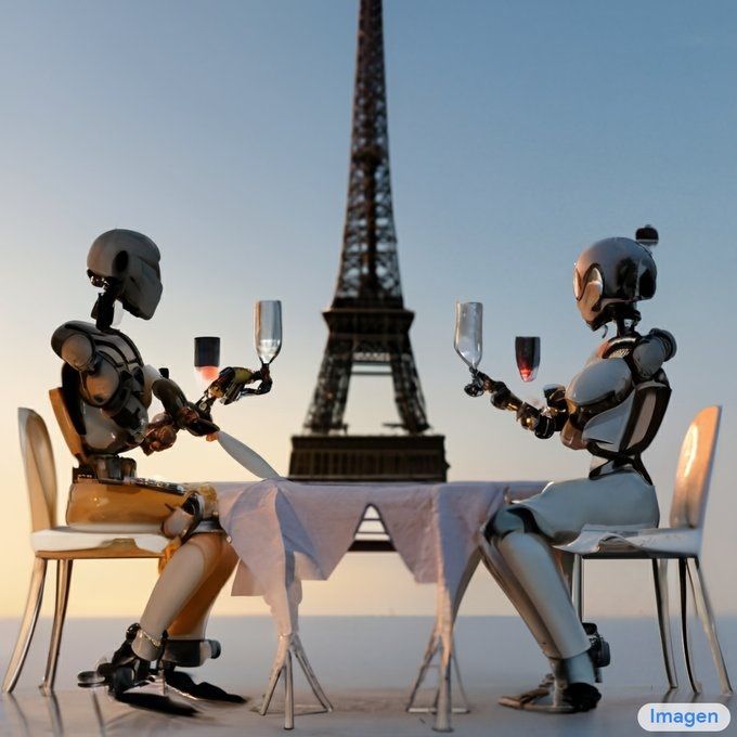 Una pareja de robots cenando con la Torre Eiffel de fondo