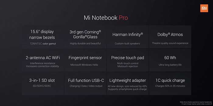 Xiaomi Mi Notebook Pro especificaciones