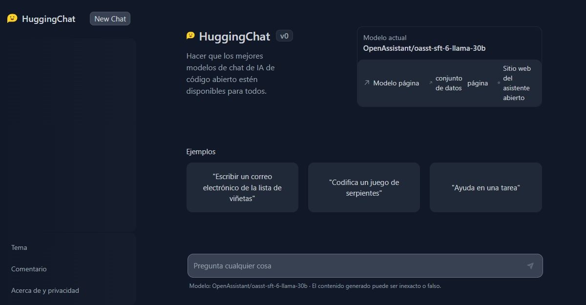 asi es HuggingChat la ia open source y gratuita como chatgpt que no requiere registro
