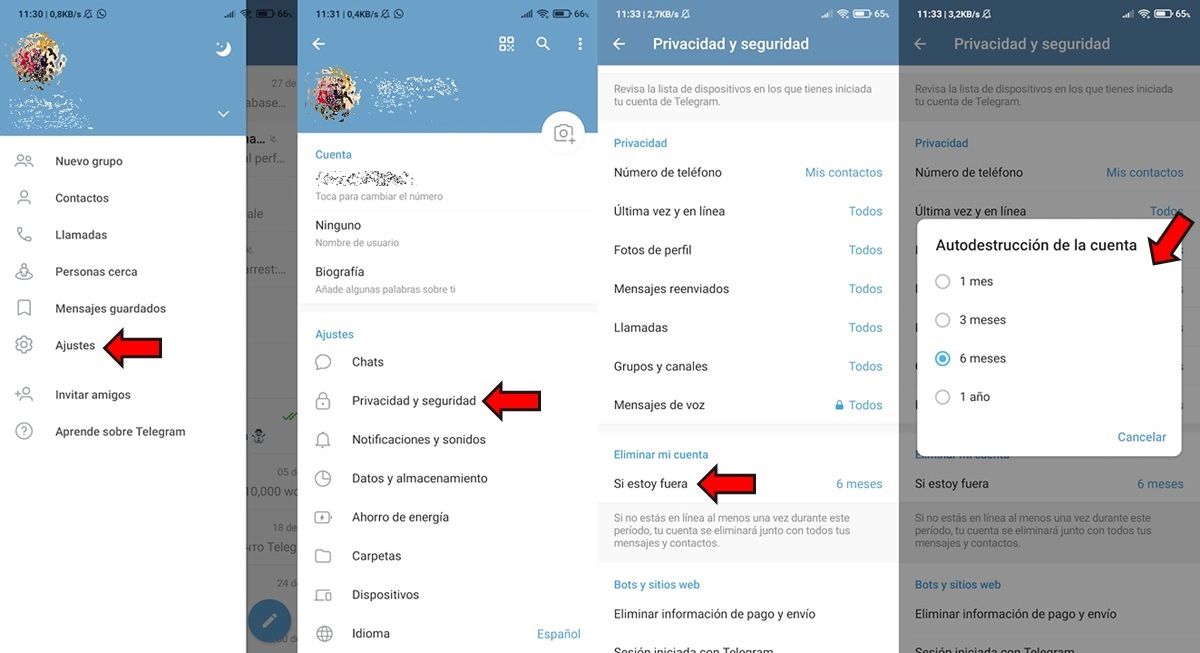 asi puedes configurar tu cuenta de Telegram para que se elimine sola