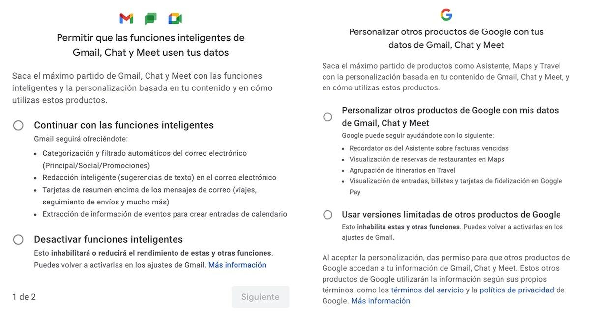 avisos de gmail y google funciones inteligentes