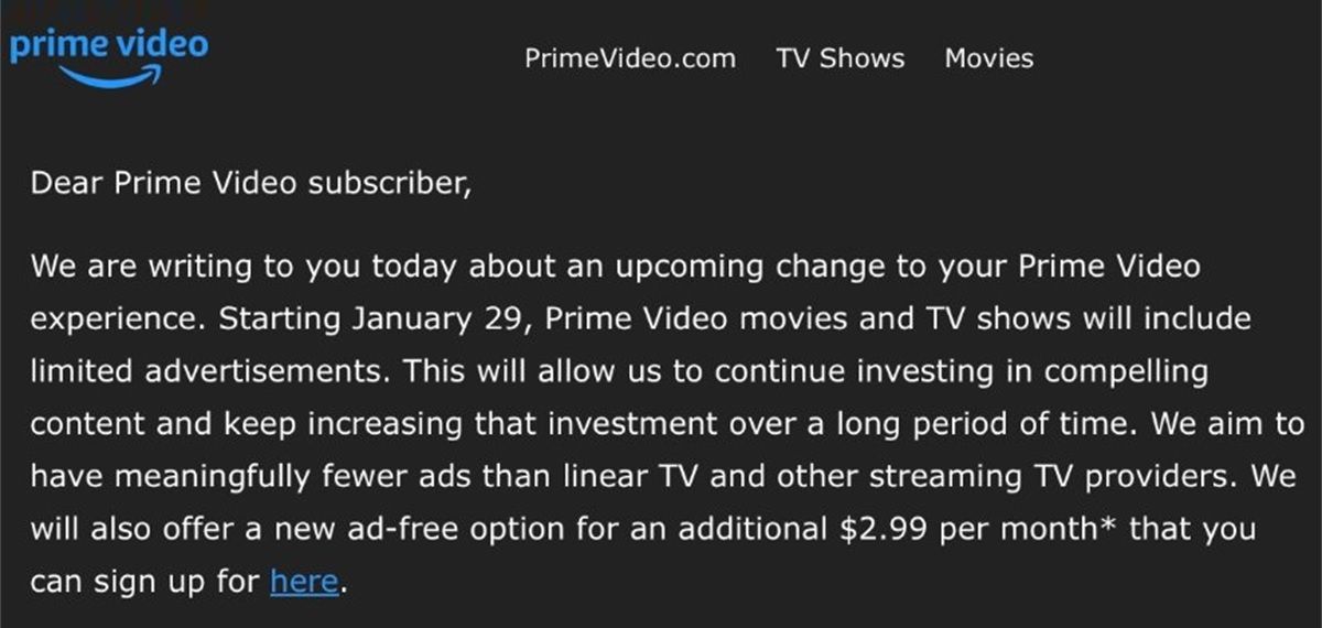 correo enviado por Amazon Prime Video a sus usuarios anunciado la llegada de los anuncios a la plataforma