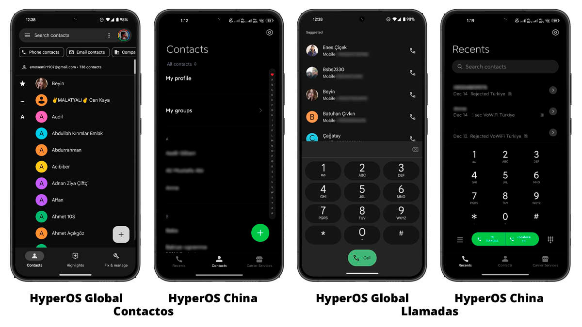 diferencias app contactos llamadas hyperos global y china