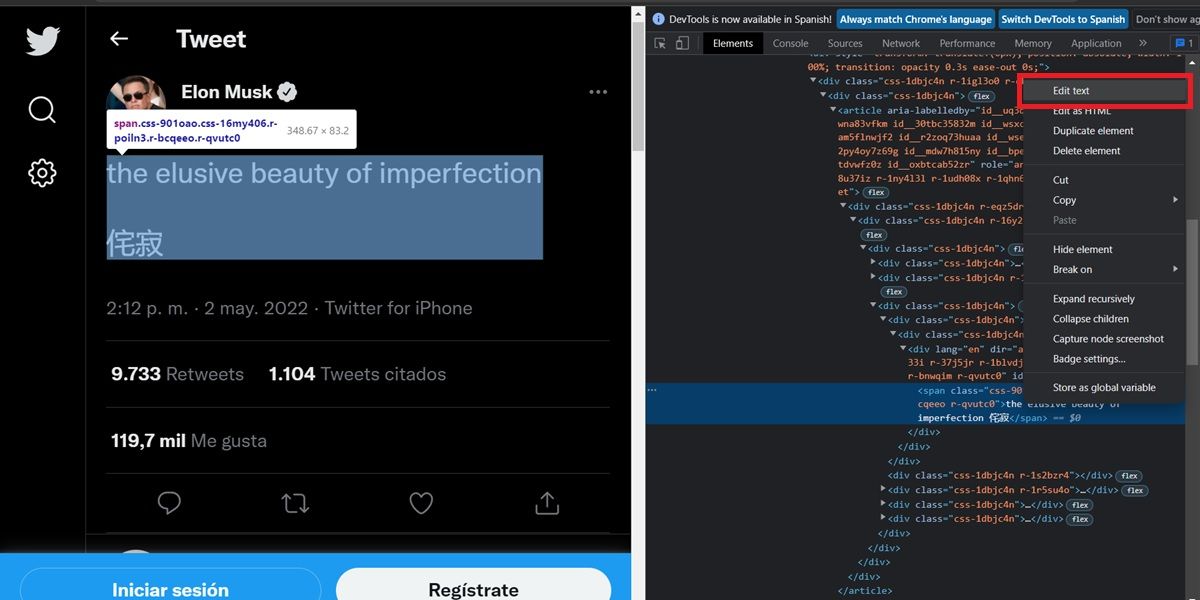 editar texto de un tuit en navegador con inspeccionar