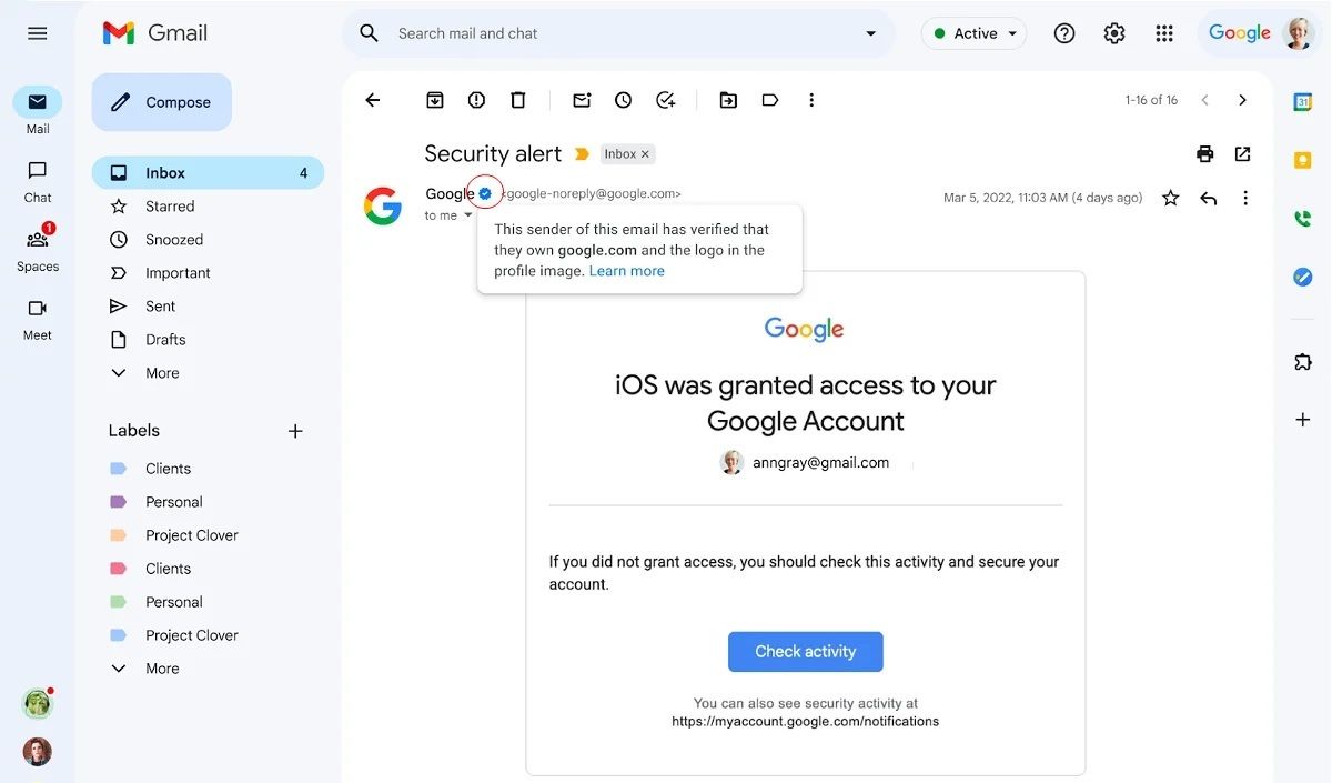 el nuevo verificado azul de gmail