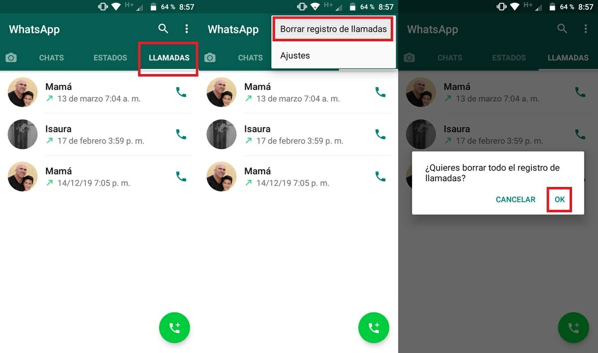 eliminar todo el registro de llamada whatsapp android
