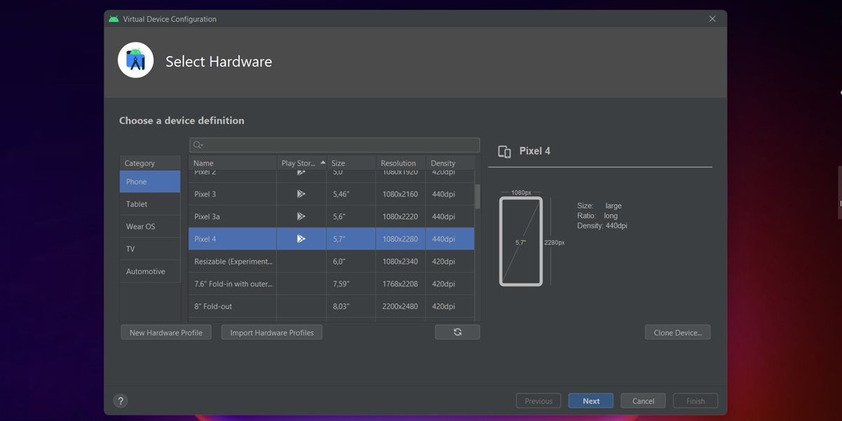 emular pixel 4 movil android 13 en android studio