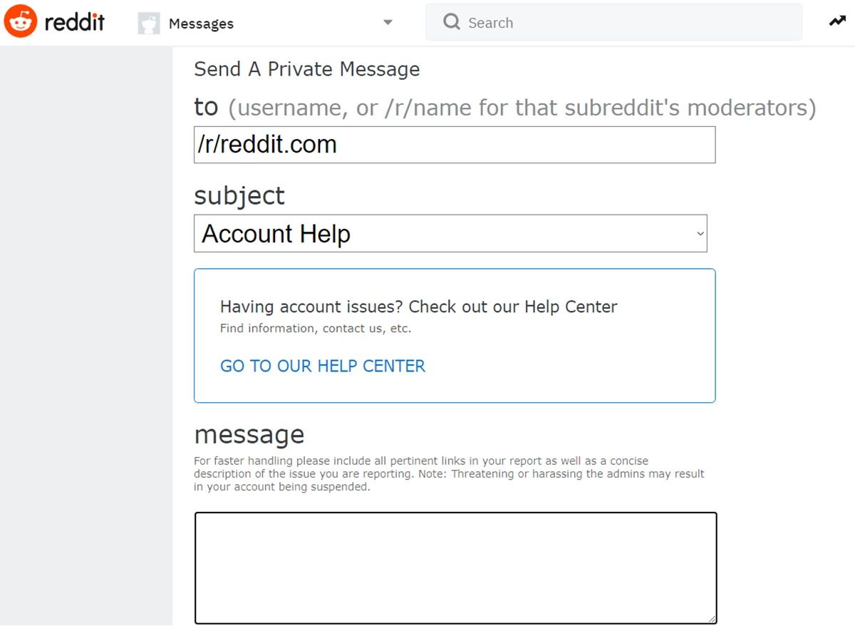 enviar mensaje de ayuda al soporte de reddit