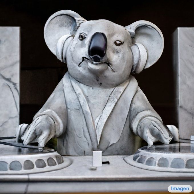 estatua de marmol de un koala DJ con auriculares delante de un tocadiscos