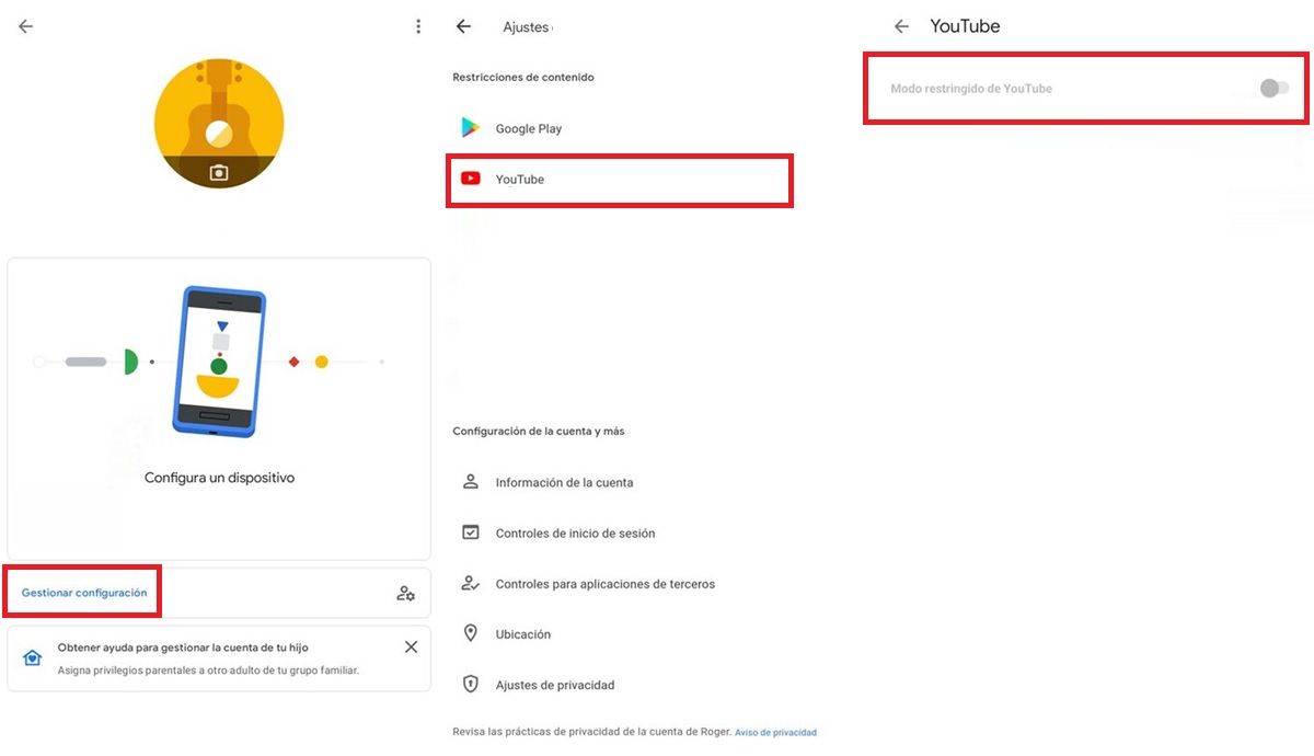 family link desactivar modo restringido youtube