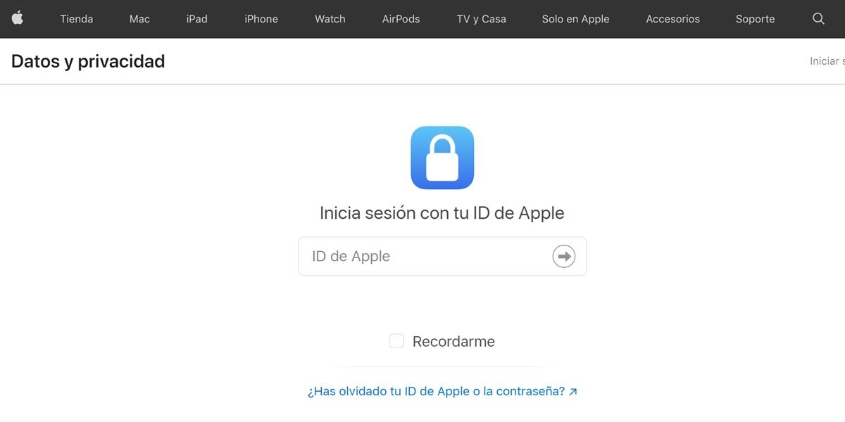 iniciar sesion con tu id de apple en Datos y privacidad
