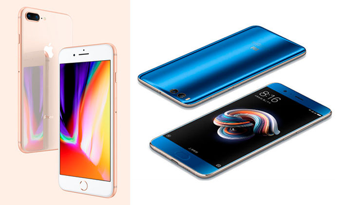 iPhone 8 oro rosa y Xiaomi Mi Note 3 azul