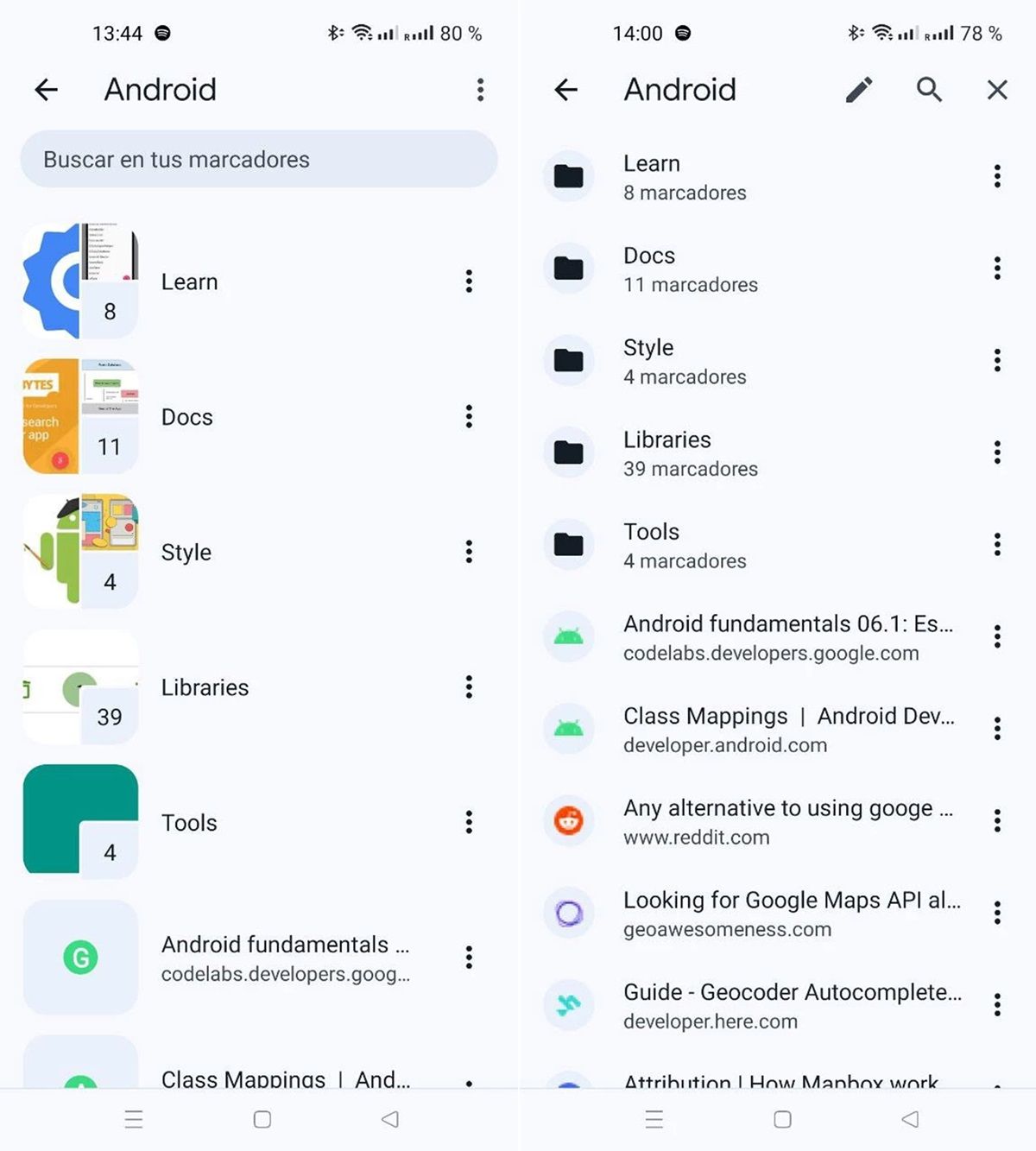 nueva pestana de marcadores de Chrome en Android versus antigua pestana