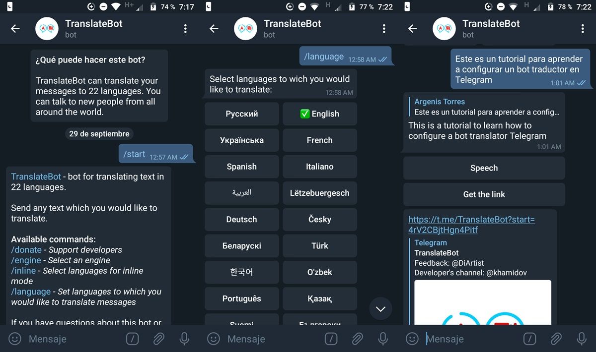 pasos para configurar un bot de traductor en telegram