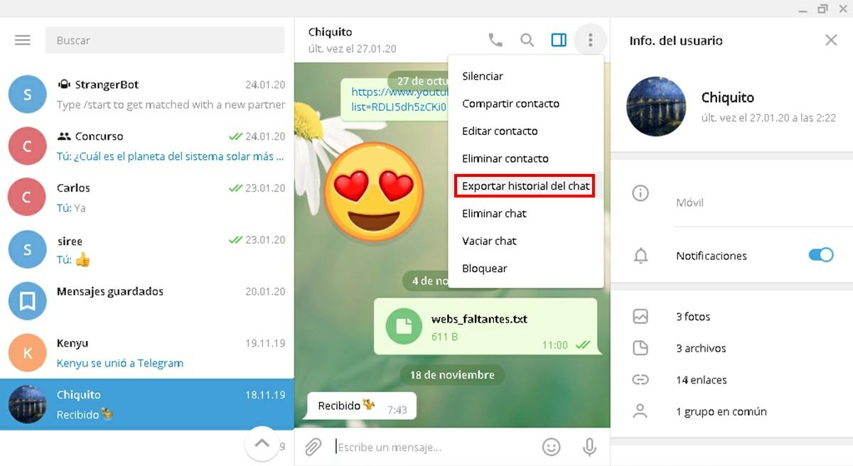 pasos para exportar una conversacion telegram
