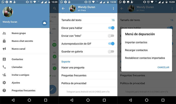 pasos para restablecer los contactos de Telegram