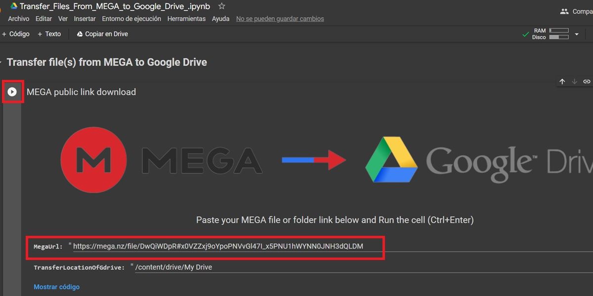 pega tu url de mega que quieres enviar a google drive
