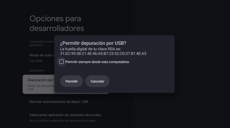 permite la depuracion por usb para Android TV ADB Mouse Keyboard