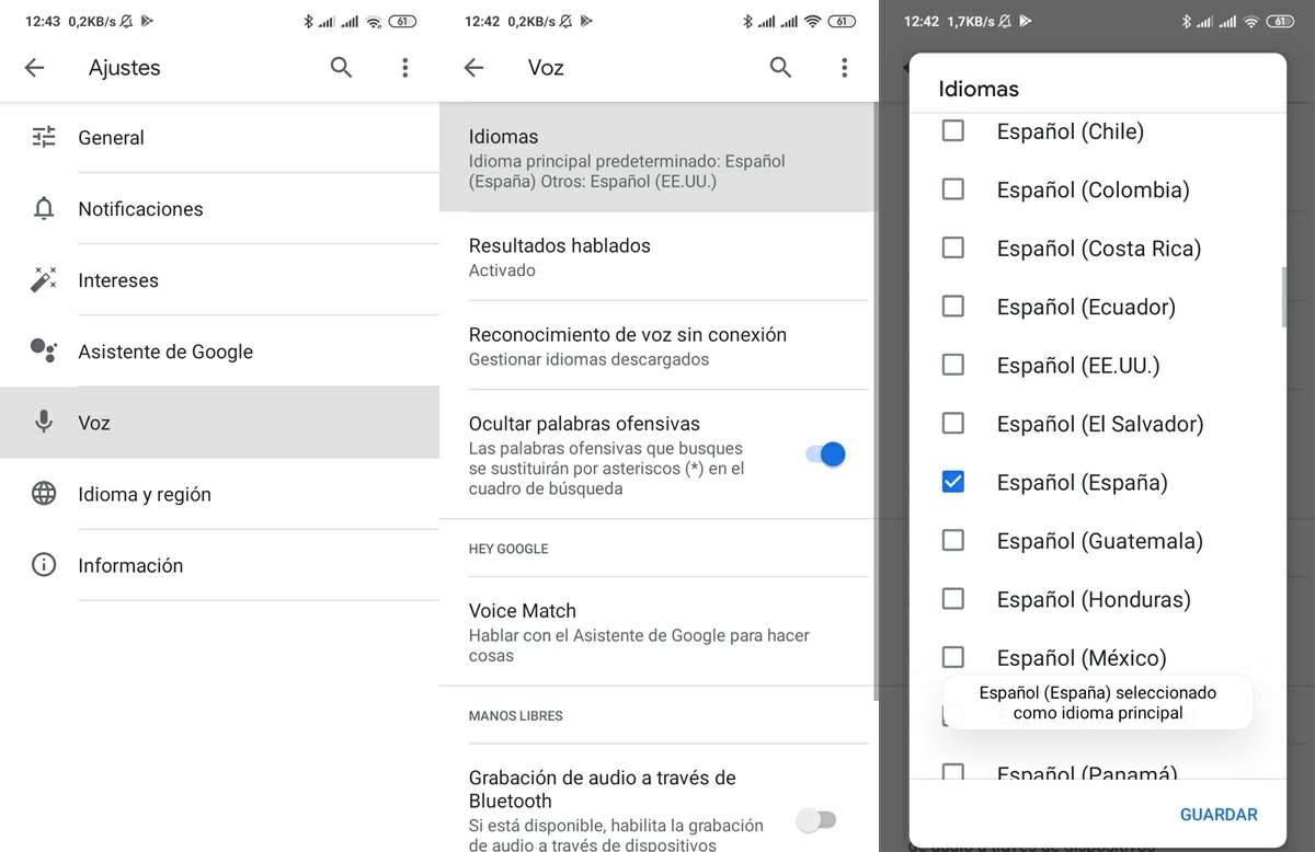 seleccionar idioma de voz espanol en asistente de google