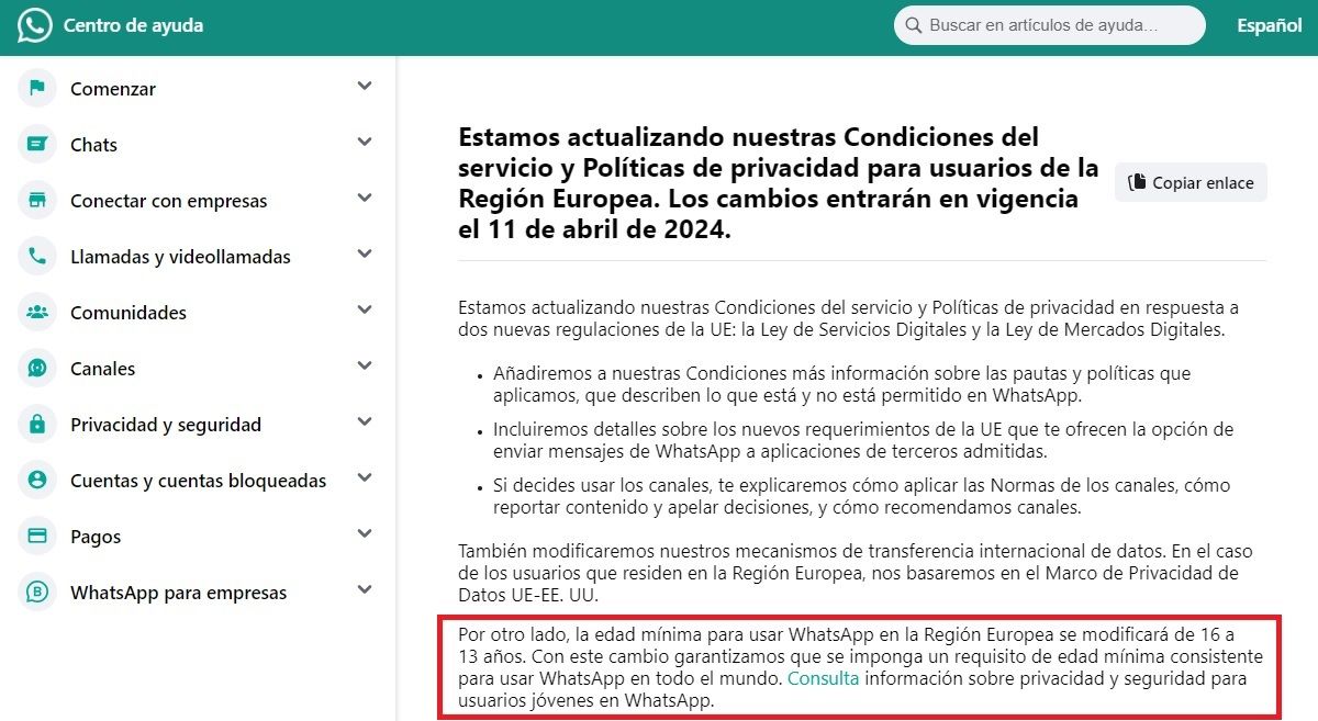 whatsapp actualiza la edad minima que debes tener para usar whatsapp en España a 13 años